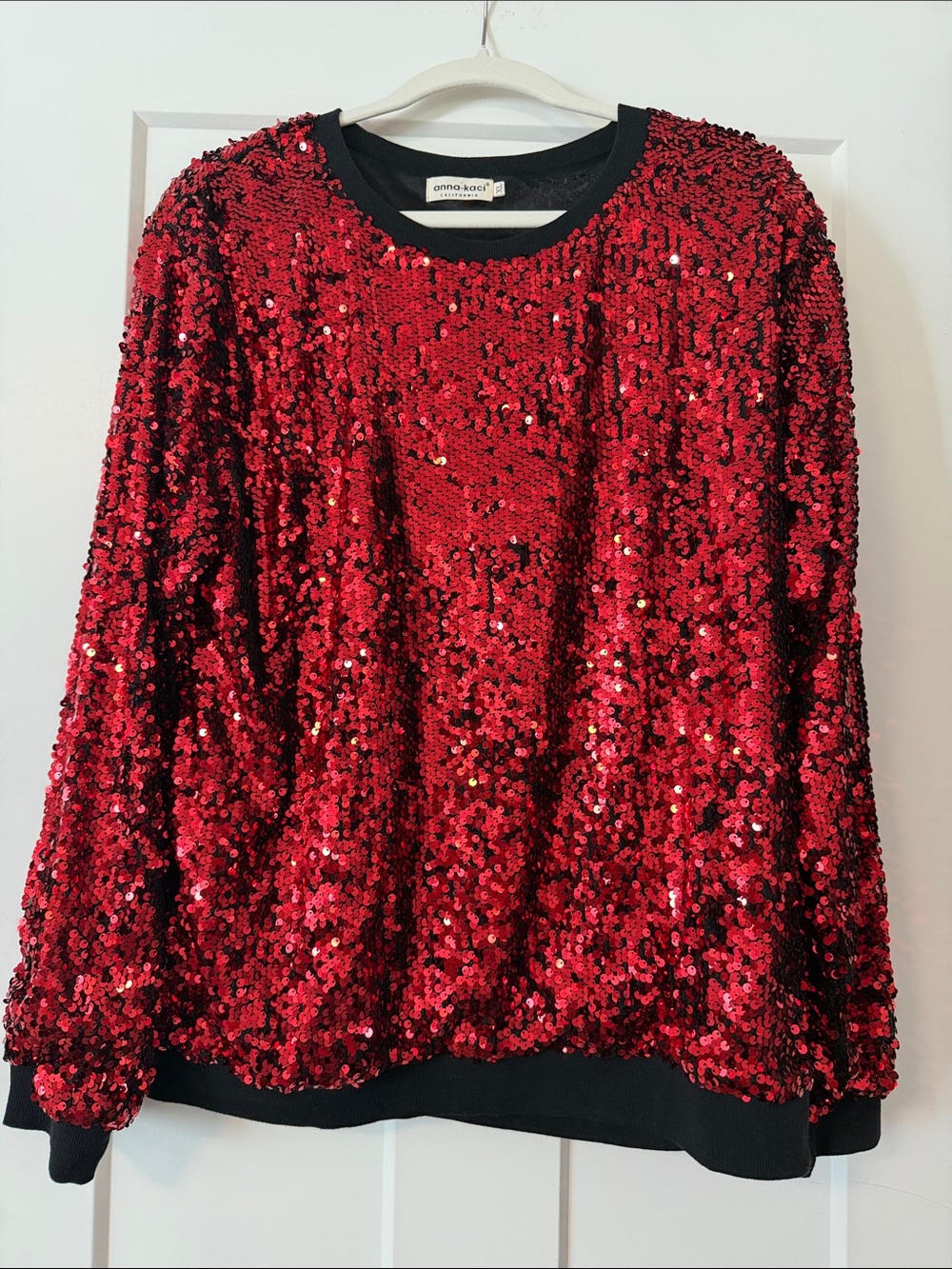 Anna-Kaci Red Sequin Crewneck Sweatshirt with Black Trim